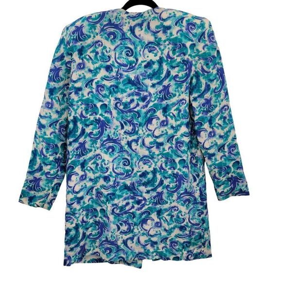Vintage 80's Blazer Silk Duster Single Breasted Button Longline Blue Swirl 6 - Picture 3 of 11